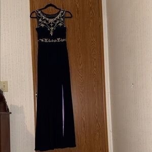 Elegant Navy Maxi Dress with Gold Accents